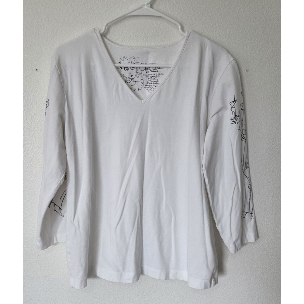 Chat-Tees Chicos Womens Top Medium White Cheers Party Cotton Spandex Long Sleeve